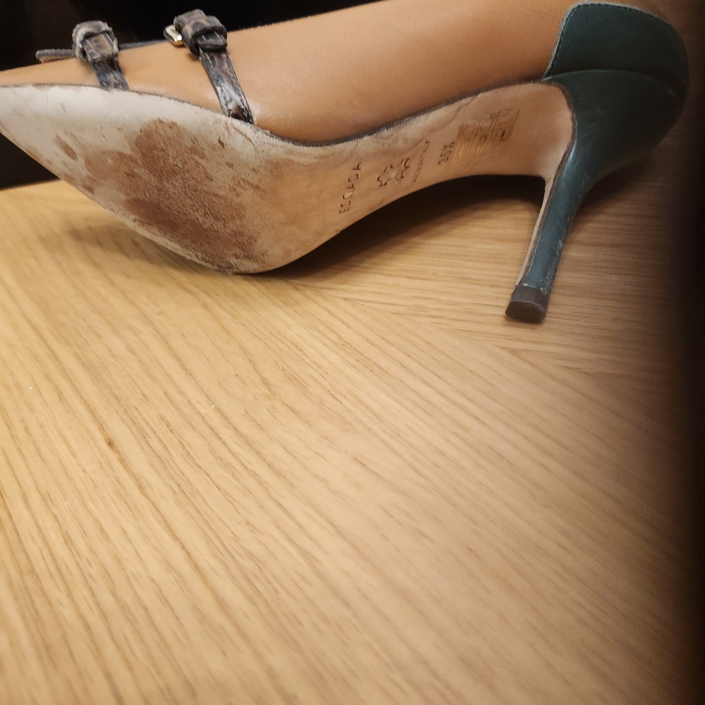 Escada Tan and Teal Heels